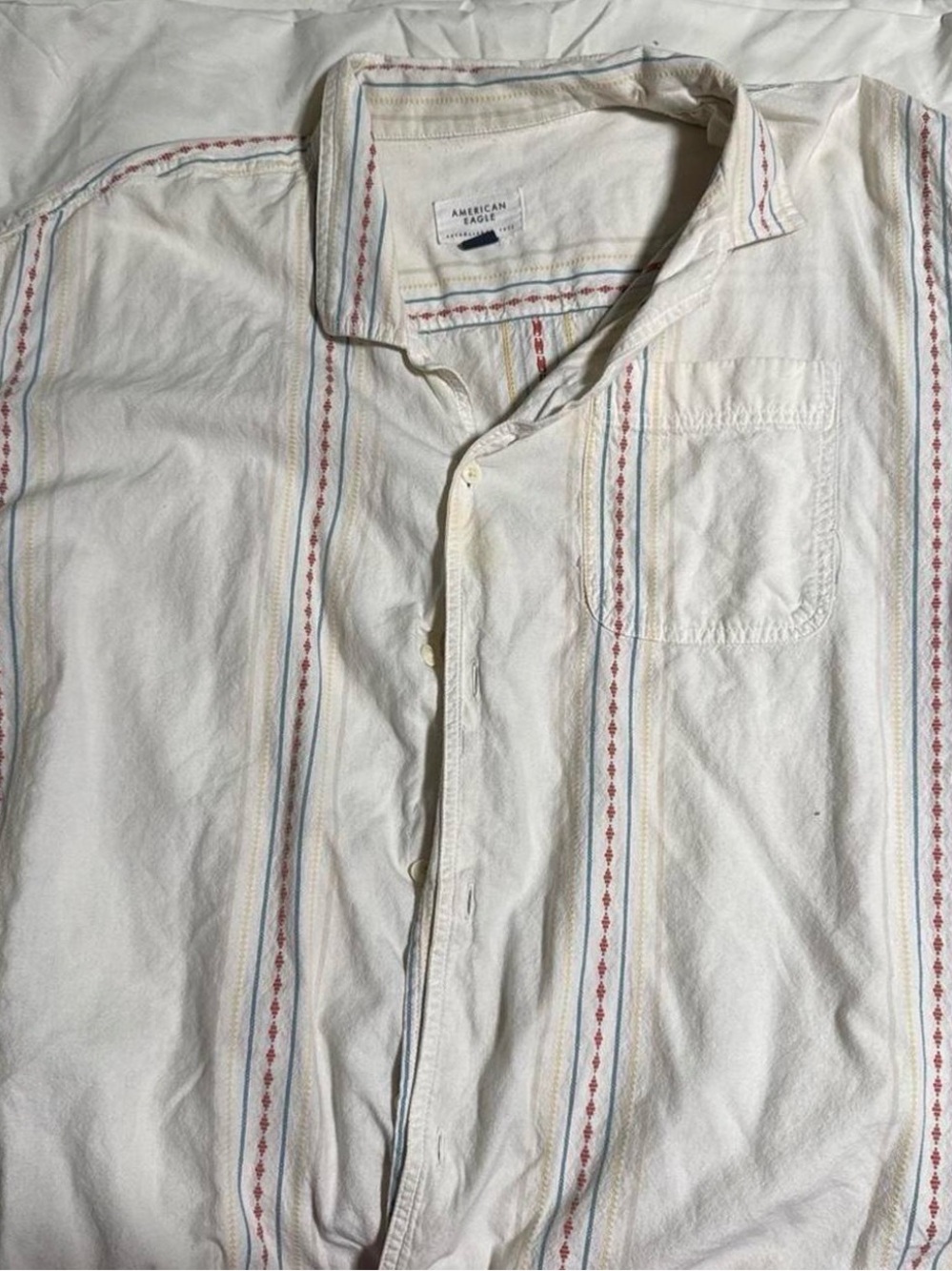 American Eagle Outfitters Cream Button-Down with Red and Blue Stripe Detail